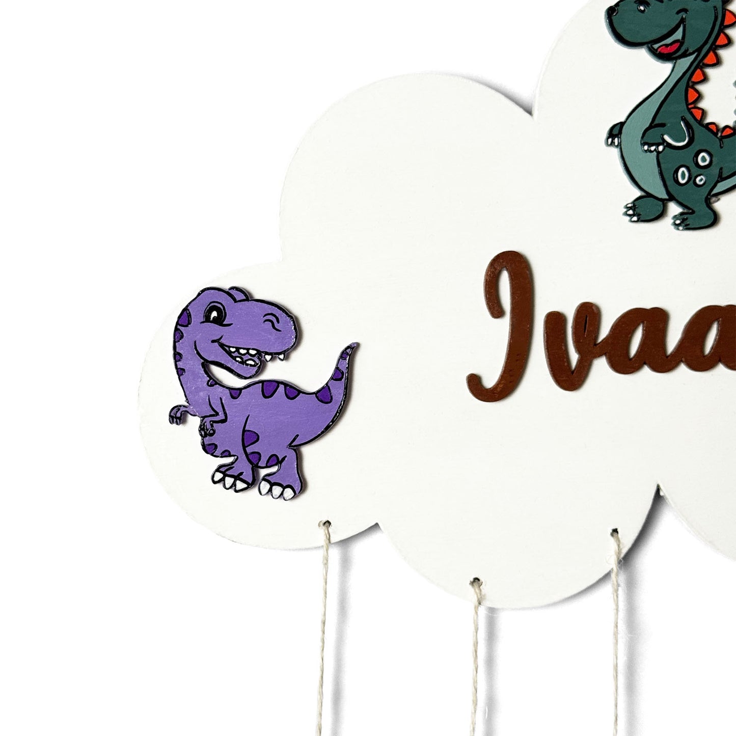 Cloud & Dinosaur Themed Hand-Painted Wooden Kids Name Plate