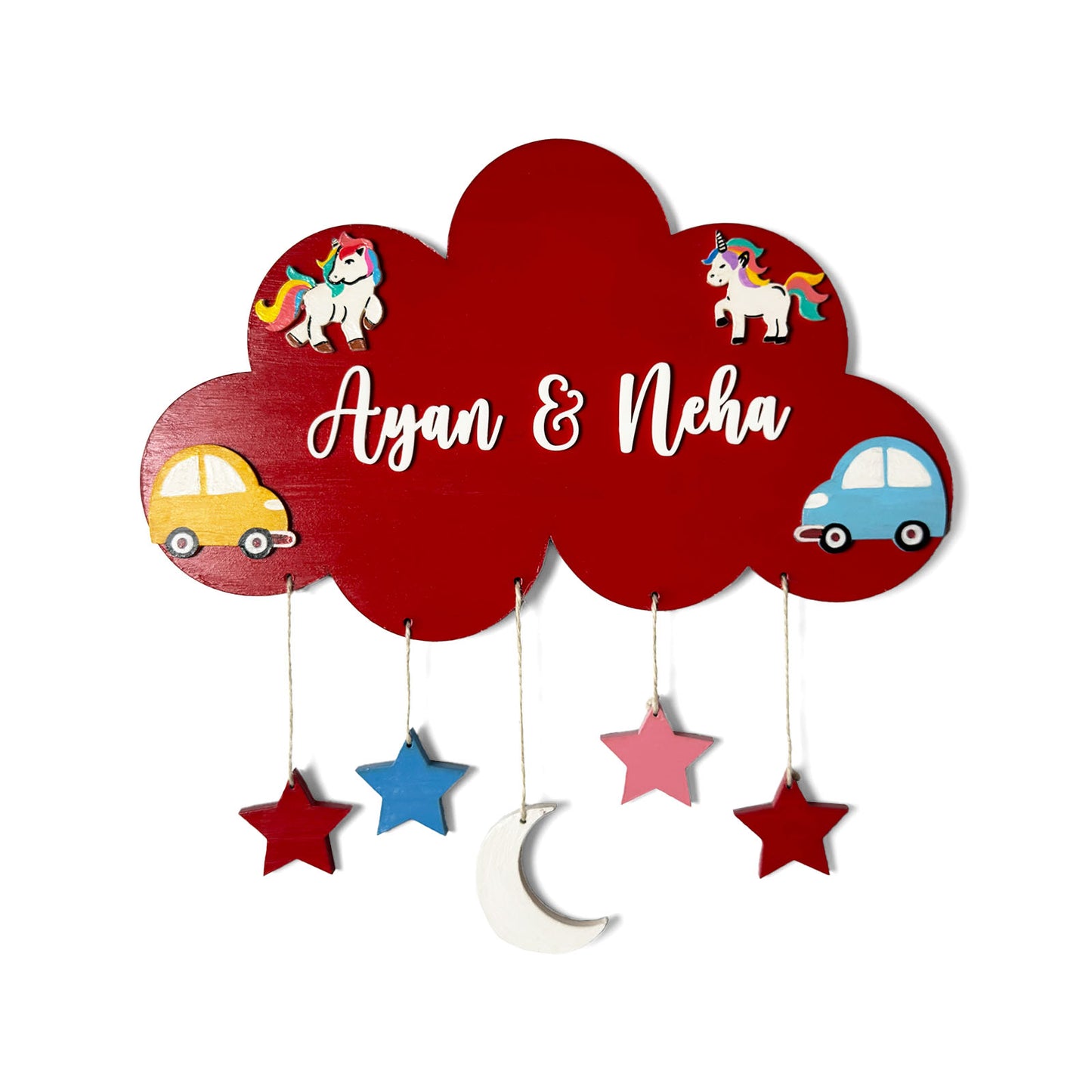 Cloud, Unicorn, & Car Themed Hand-Painted Wooden Kids Name Plate