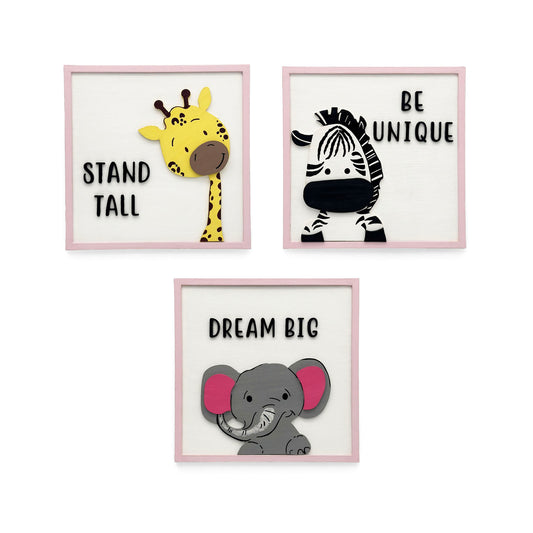 Animal Themed Hand-Painted Wooden Kids Wall Frame Combo of 3