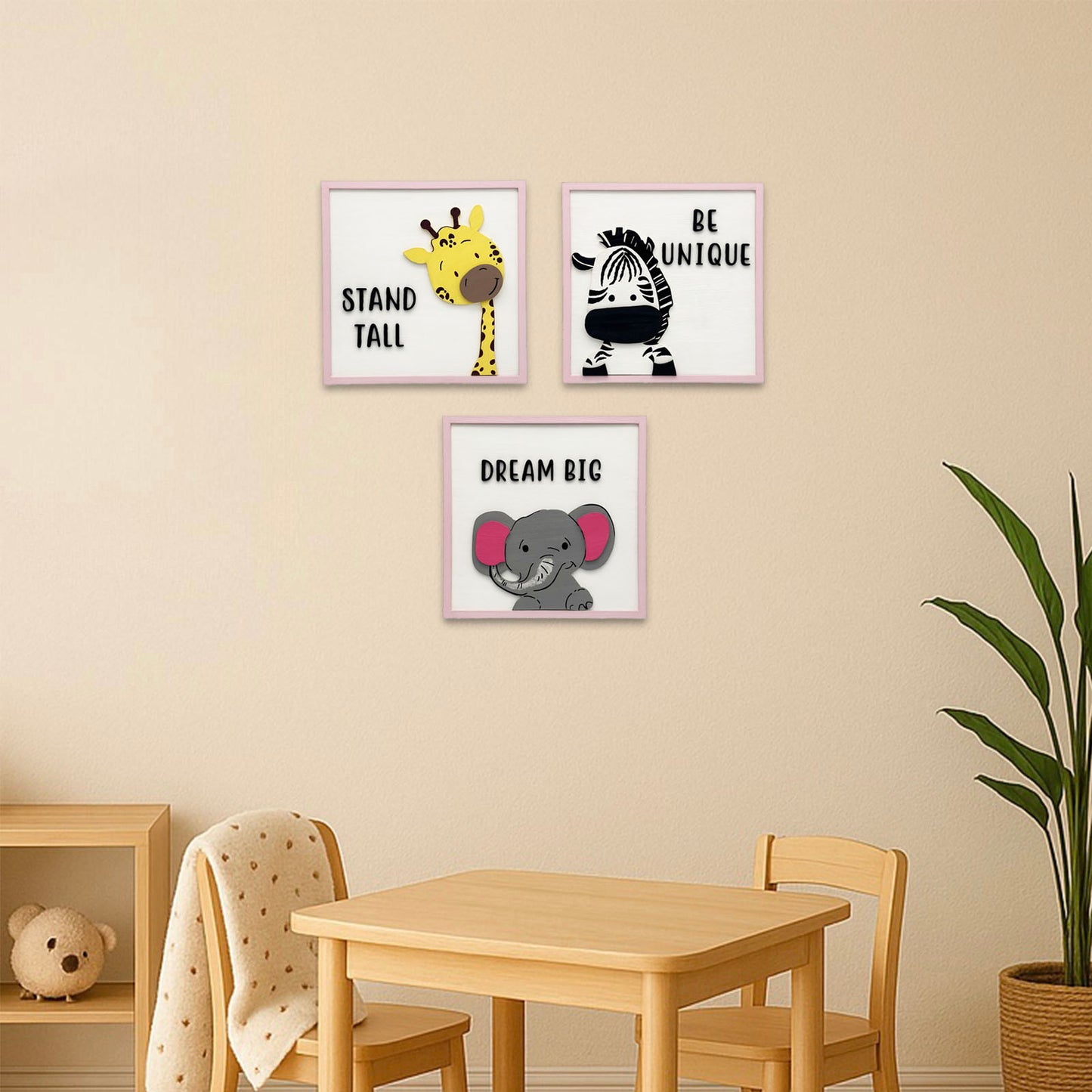 Animal Themed Hand-Painted Wooden Kids Wall Frame Combo of 3