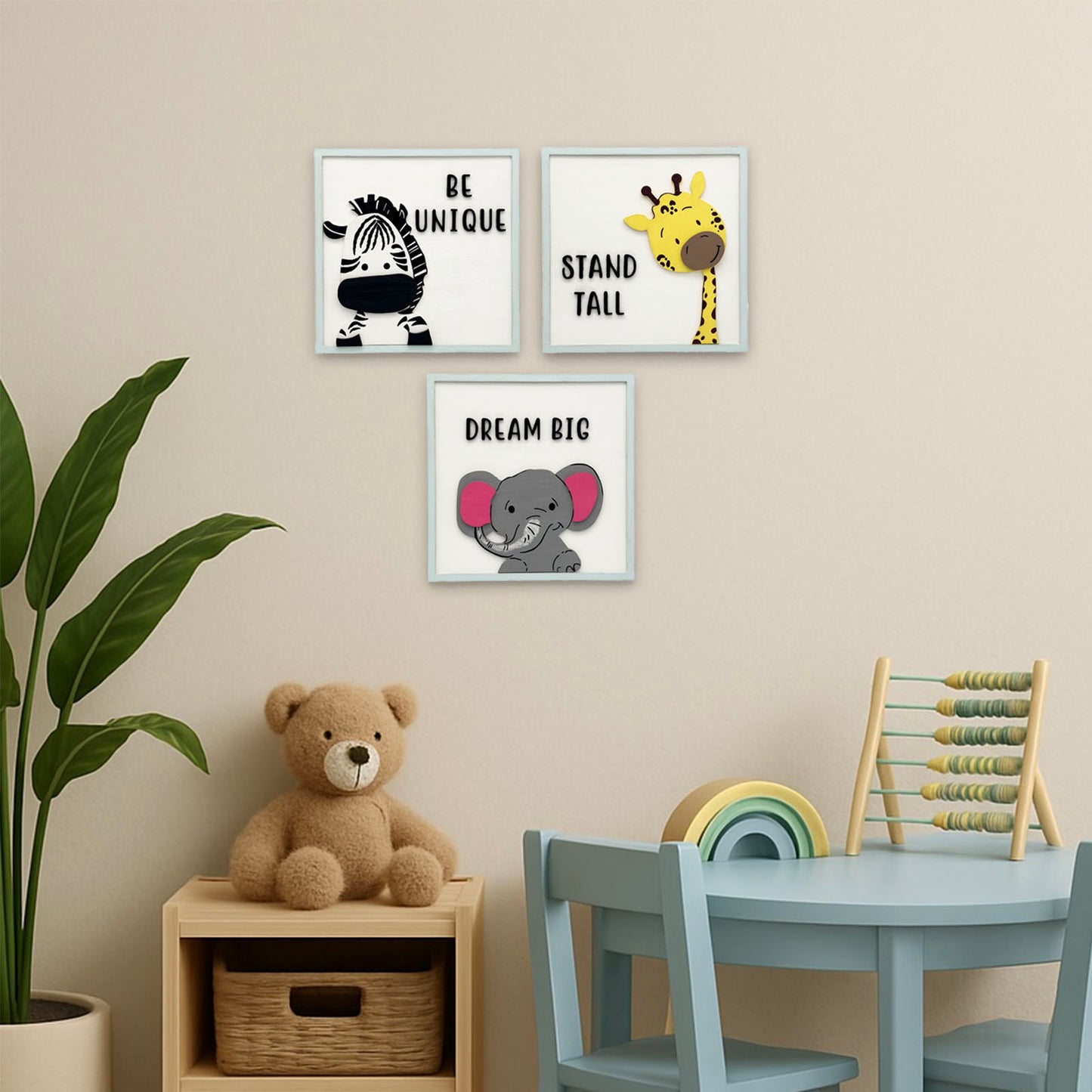Animal Themed Hand-Painted Wooden Kids Wall Frame Combo of 3