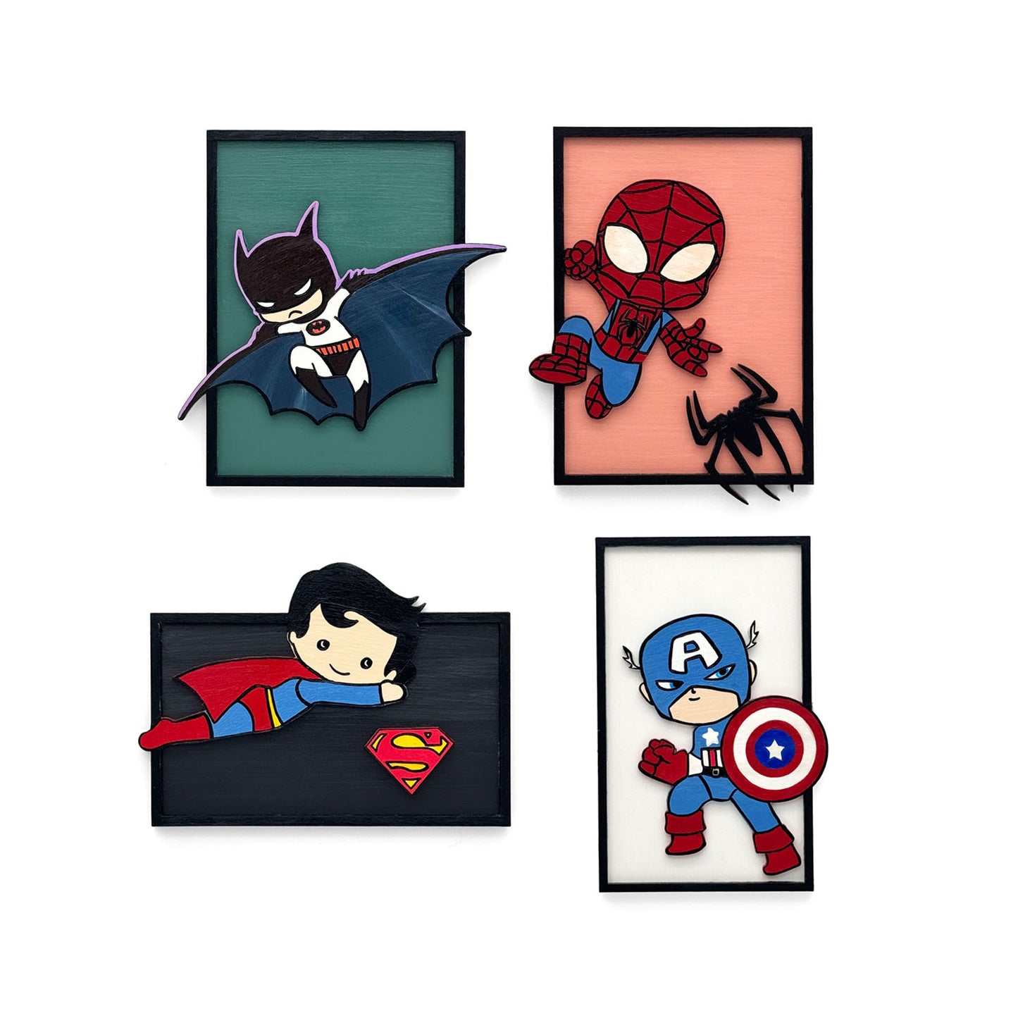 Superhero Themed Hand-Painted Wooden Kids Wall Frame Combo of 4