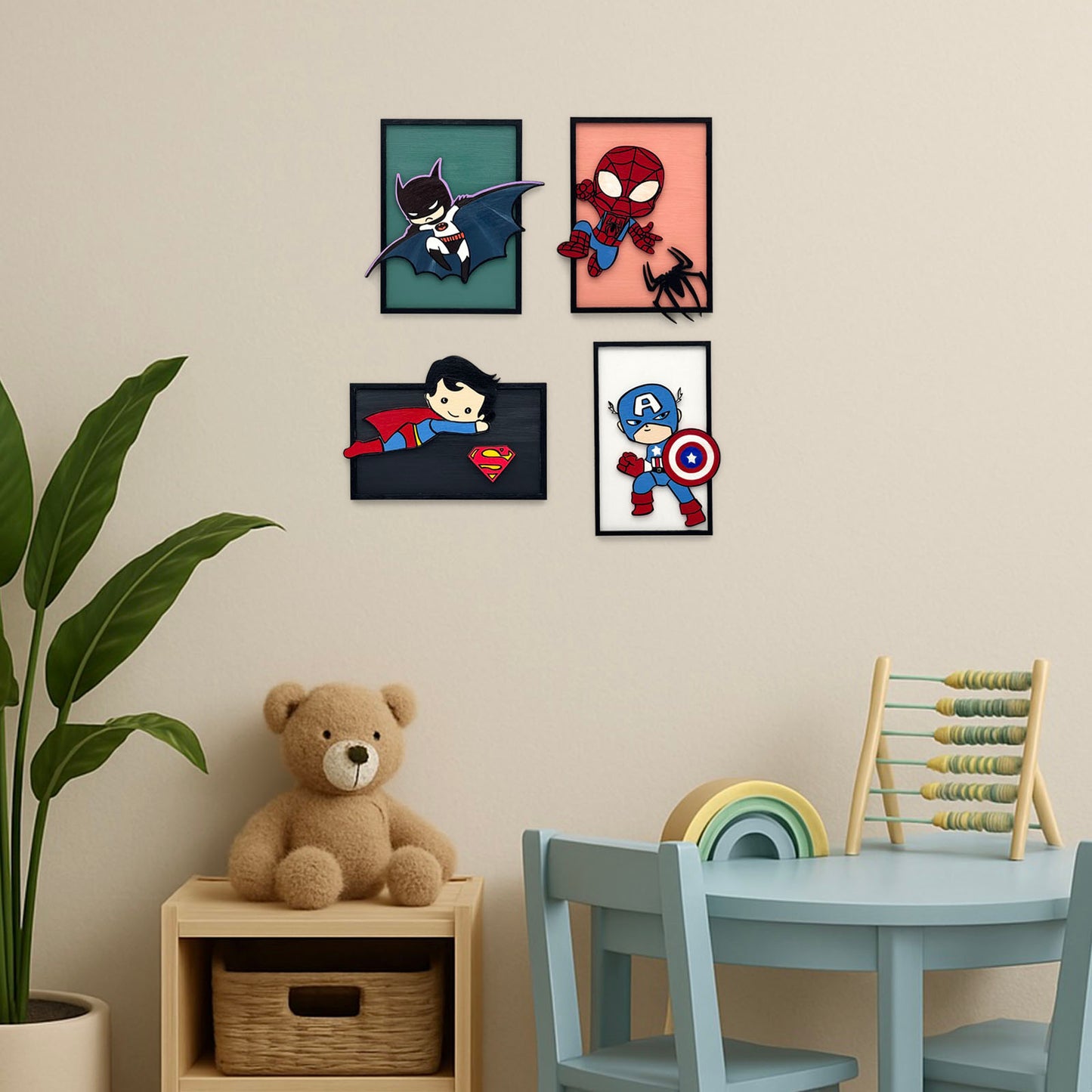 Superhero Themed Hand-Painted Wooden Kids Wall Frame Combo of 4