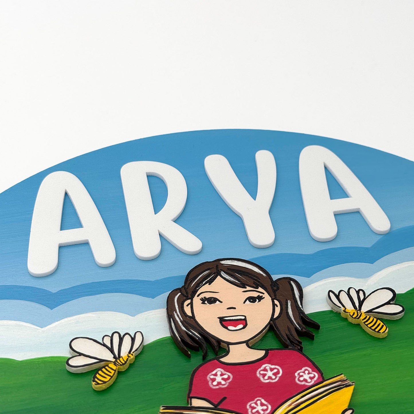 Girl Reading Book Hand-Painted Wooden Kids Name Plate