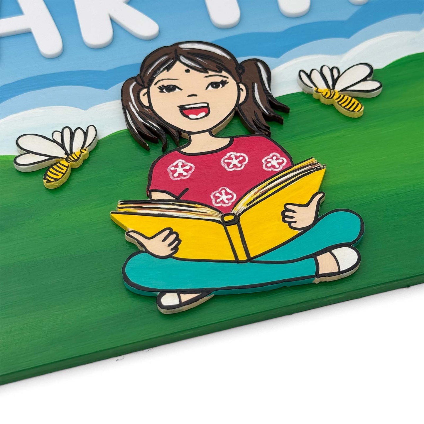 Girl Reading Book Hand-Painted Wooden Kids Name Plate