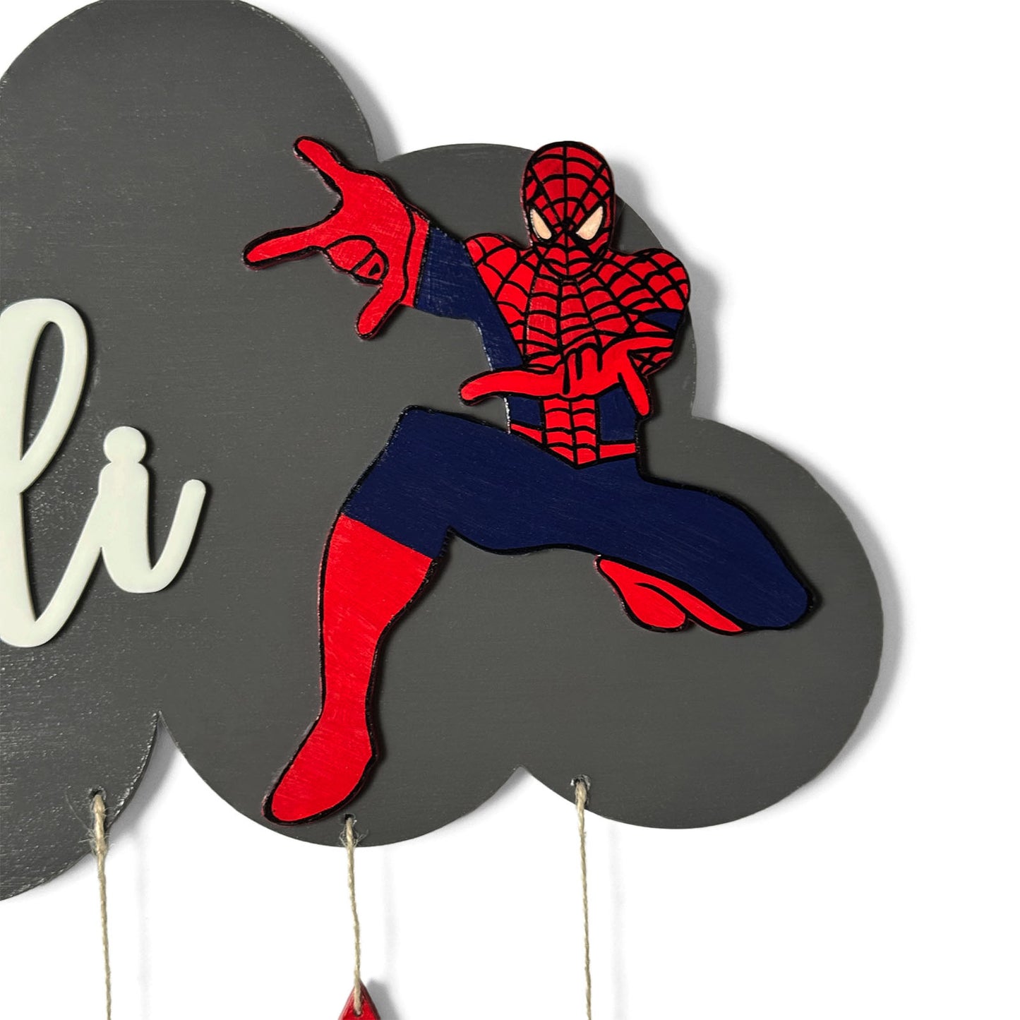 Cloud & Spiderman Themed Hand-Painted Wooden Kids Name Plate