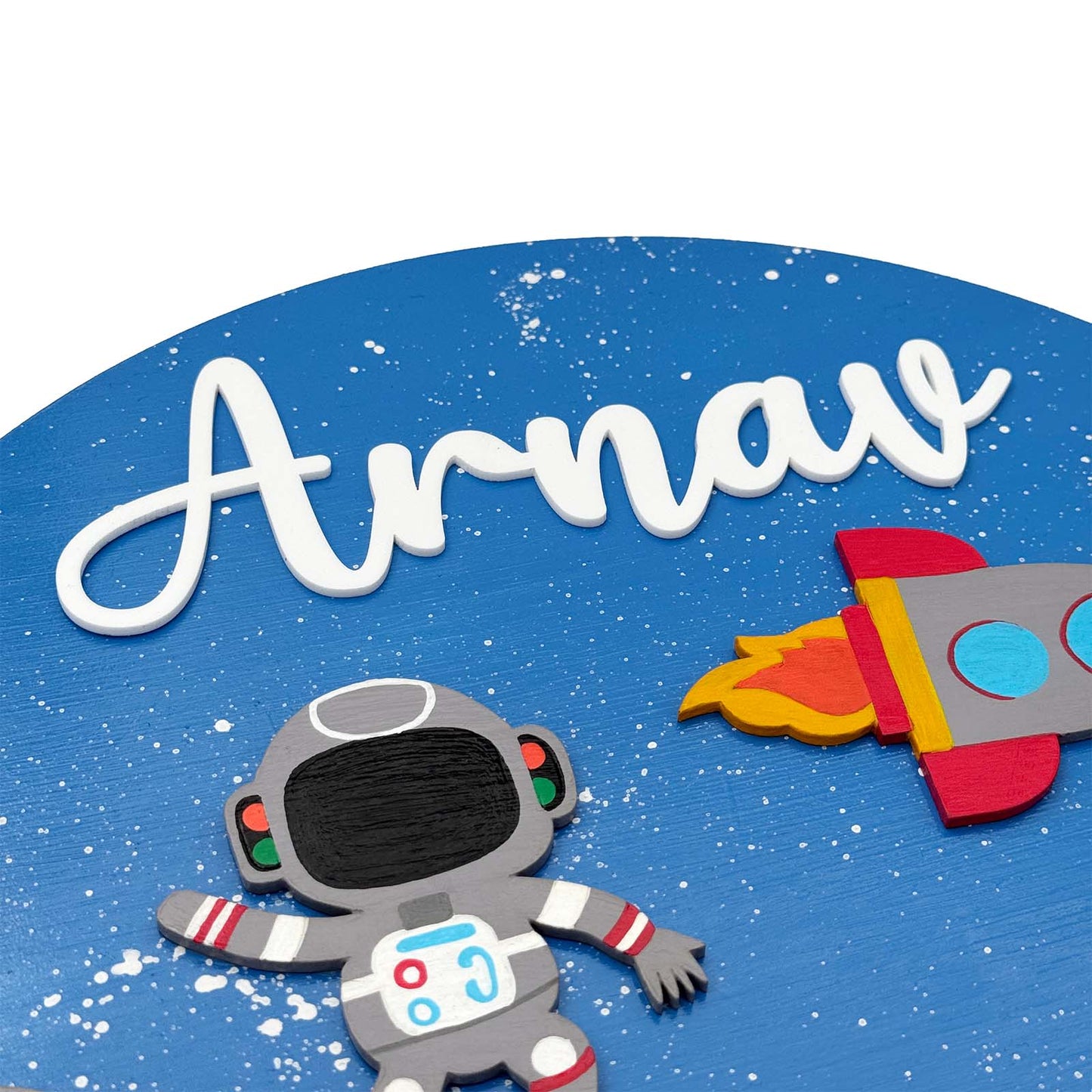 Space Themed Hand-Painted Wooden Round Kids Name Plate - Design 3