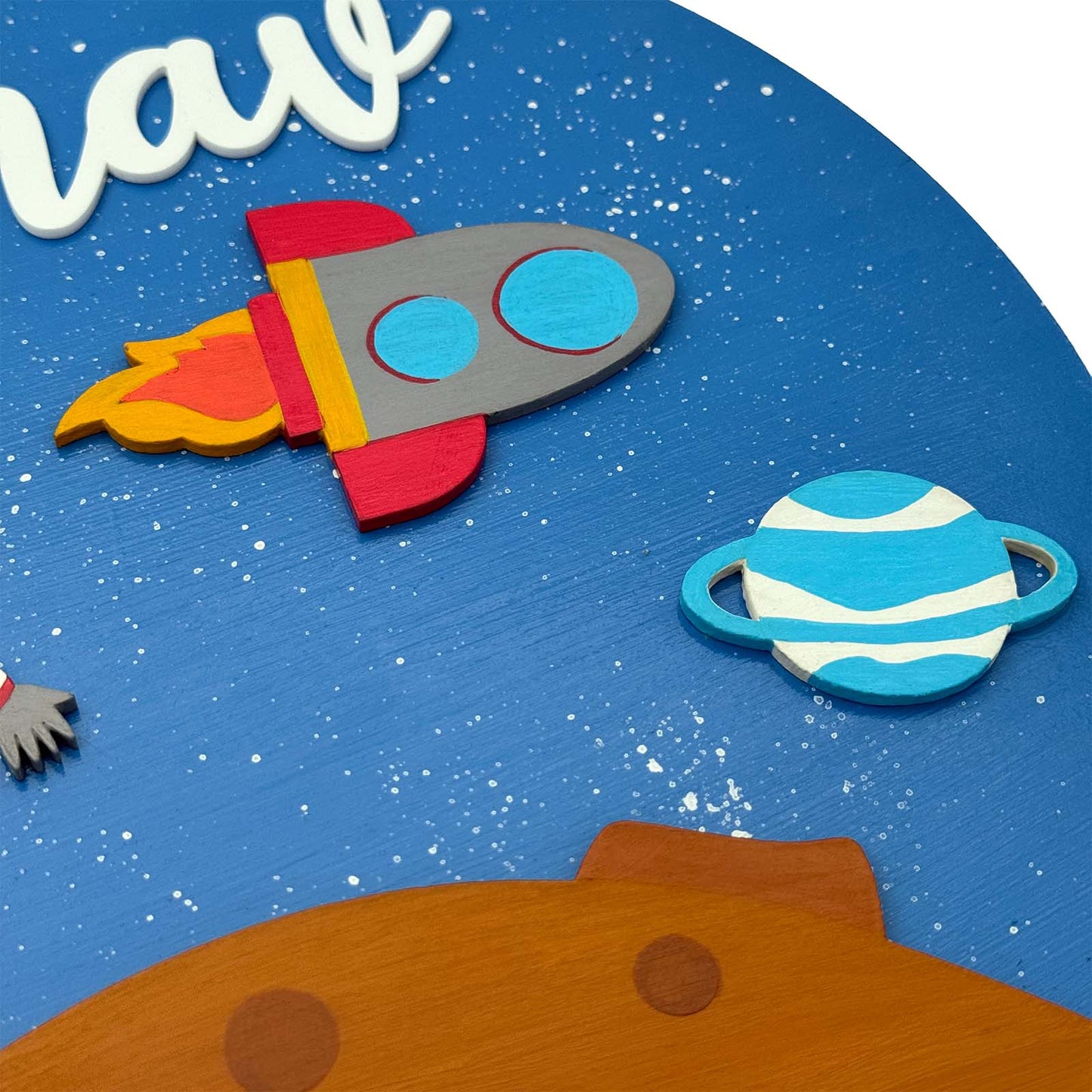 Space Themed Hand-Painted Wooden Round Kids Name Plate - Design 3