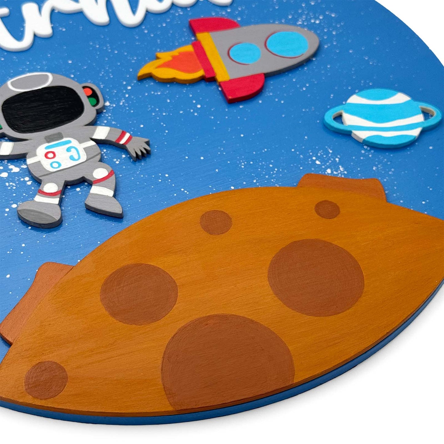 Space Themed Hand-Painted Wooden Round Kids Name Plate - Design 3