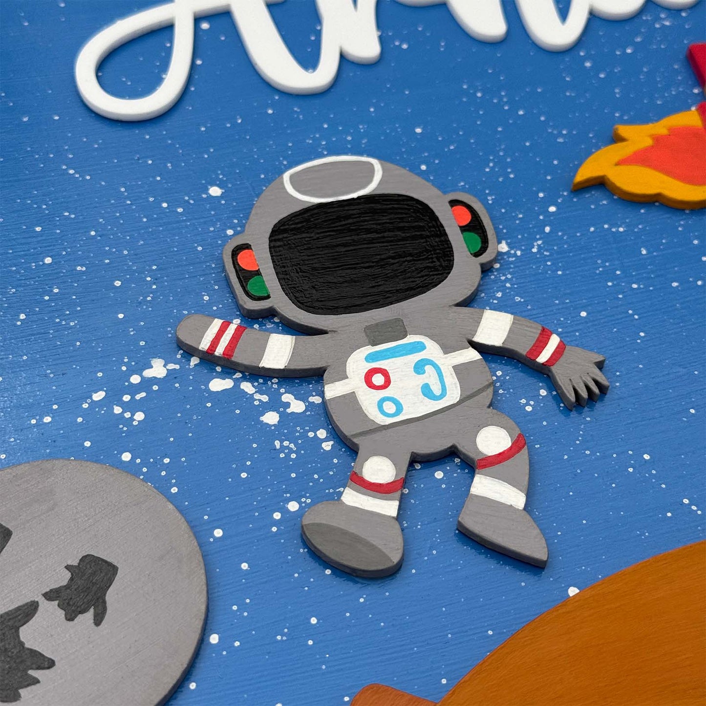 Space Themed Hand-Painted Wooden Round Kids Name Plate - Design 3