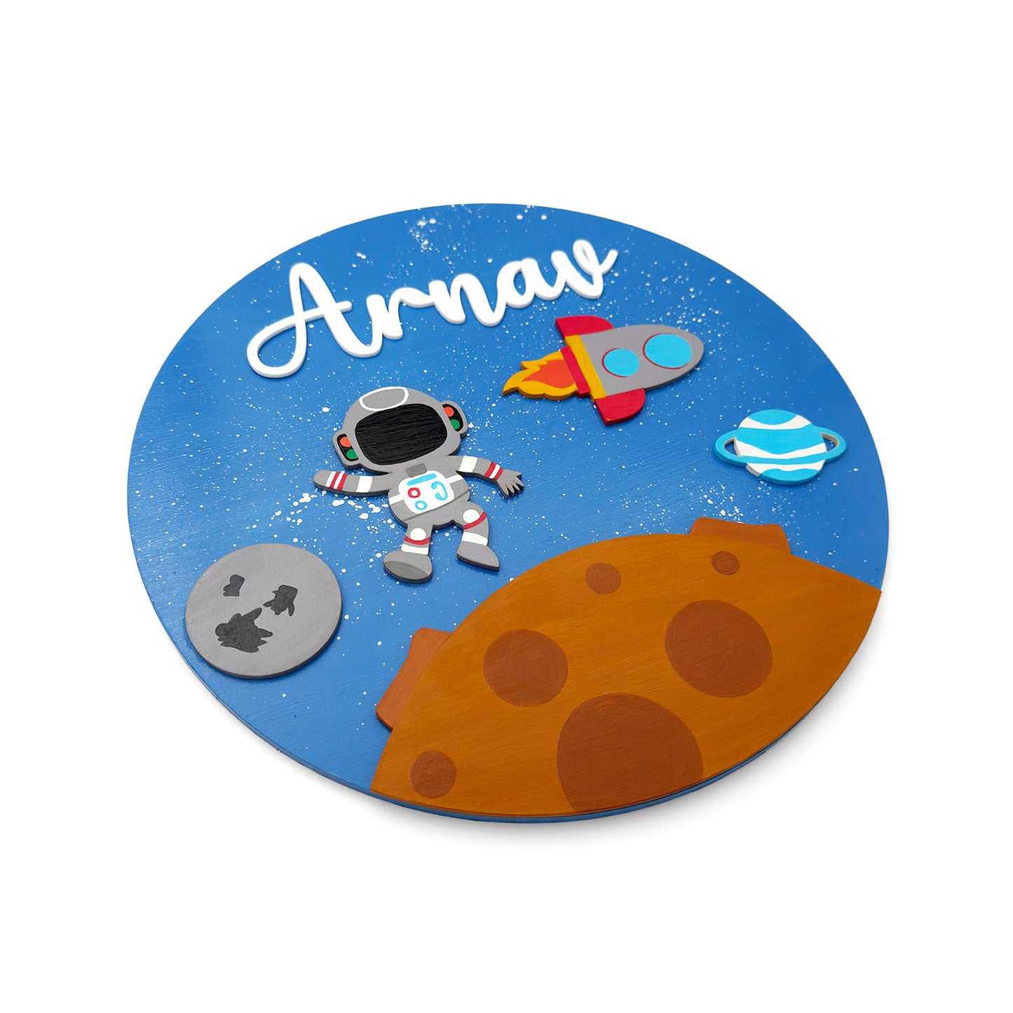Space Themed Hand-Painted Wooden Round Kids Name Plate - Design 3