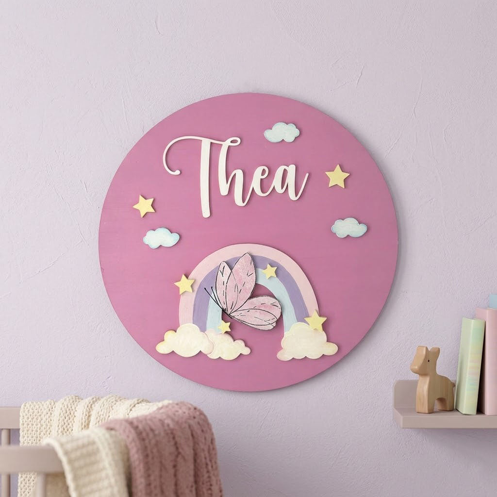 Butterfly & Rainbow Themed Hand-Painted Wooden Round Kids Name Plate - Design 1