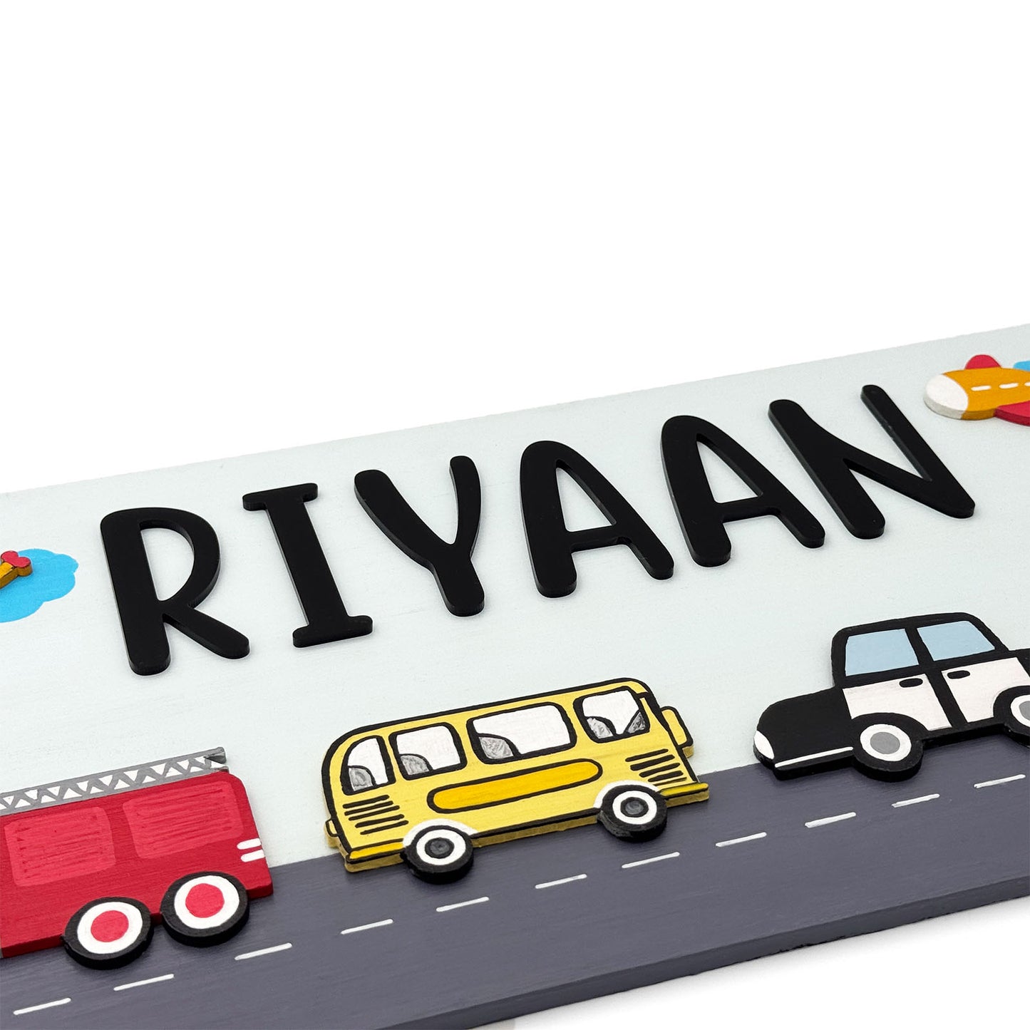 Vehicles Themed Hand-Painted Wooden Kids Name Plate - Light Blue