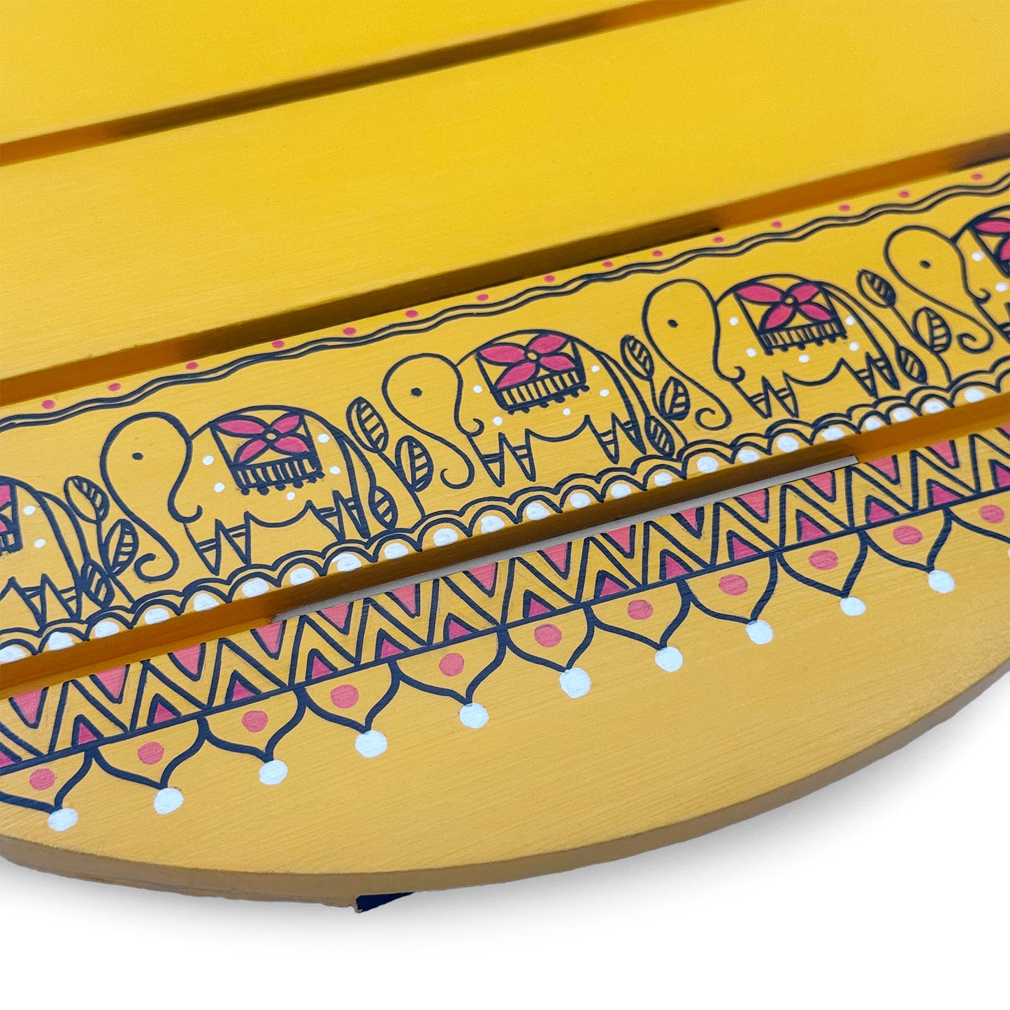 Peacock & Elephant Artwork Hand-Painted Wooden Madhubani Round Name Plate For Home