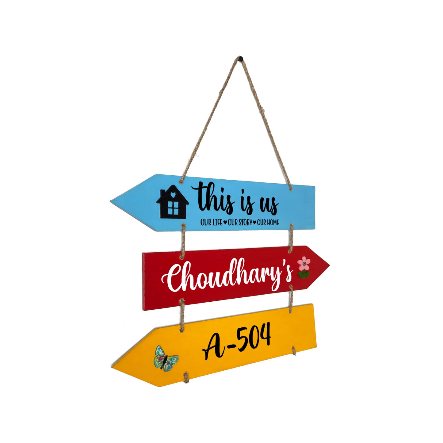 This Is Us Our Life Our Story Our Home  Hand-Painted Wooden Arrow Plank Name Plate For Home - Three Planks