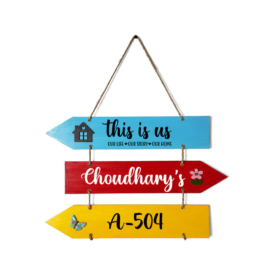 This Is Us Our Life Our Story Our Home  Hand-Painted Wooden Arrow Plank Name Plate For Home - Three Planks
