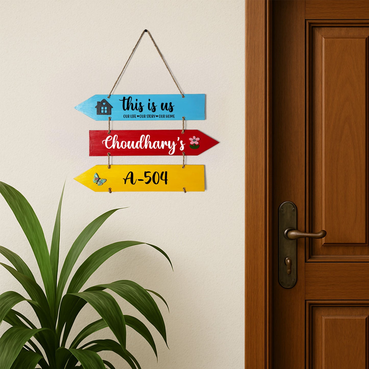 This Is Us Our Life Our Story Our Home  Hand-Painted Wooden Arrow Plank Name Plate For Home - Three Planks
