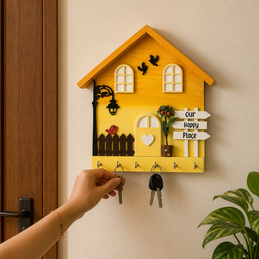 Personalised Hand-Painted Wooden Hut Key Holder - Yellow
