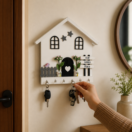 Personalised Hand-Painted Wooden Hut Key Holder - White