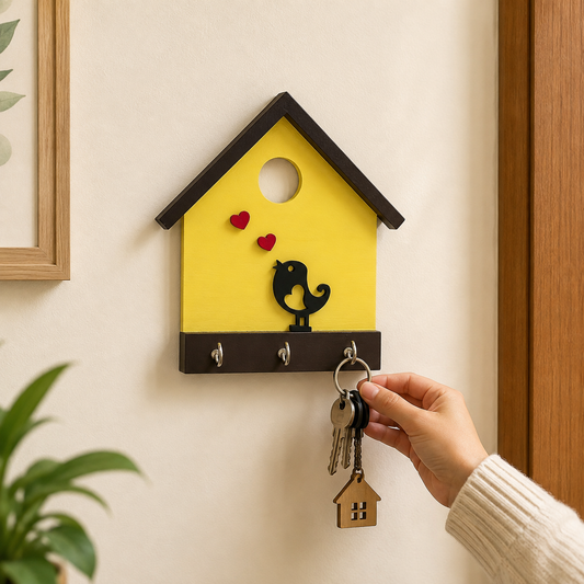 Hand-Painted Wooden Hut Key Holder With Bird