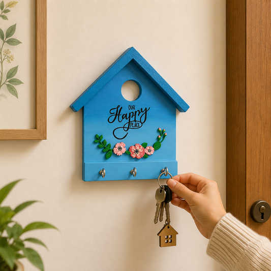 Hand-Painted Wooden Hut Key Holder - Our Happy Place