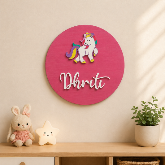 Unicorn Themed Hand-Painted Wooden Name Plate For Kids