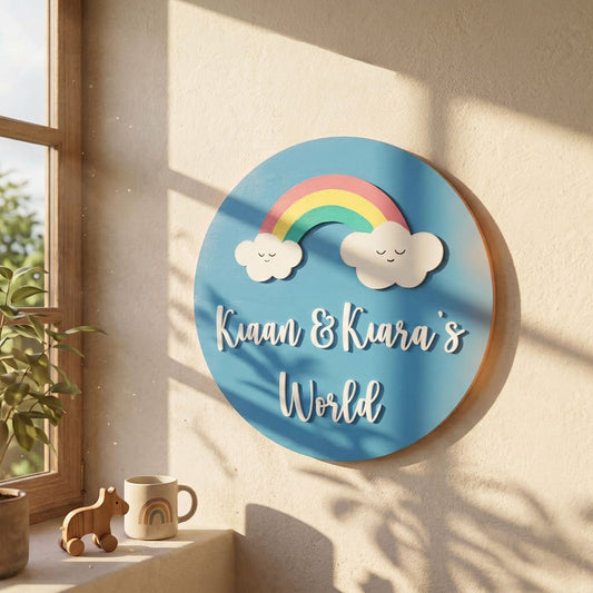 Rainbow Themed Hand-Painted Wooden Round Kids Name Plate - Design 1