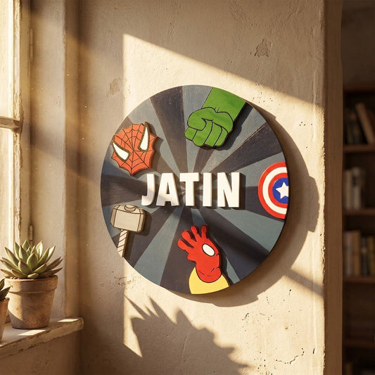 Avengers Themed Hand-Painted Wooden Round Kids Name Plate