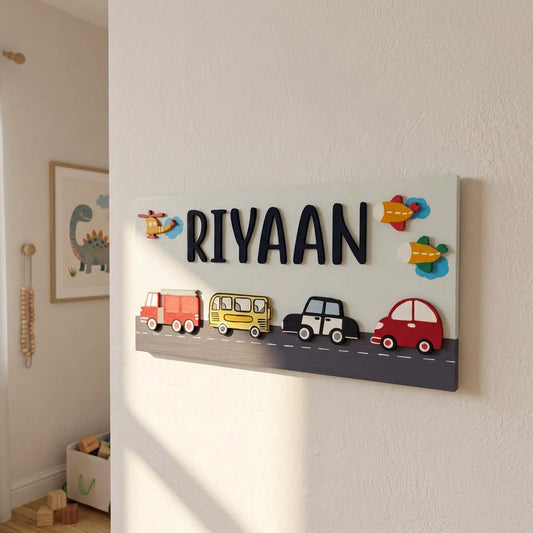 Vehicles Themed Hand-Painted Wooden Kids Name Plate - Light Blue