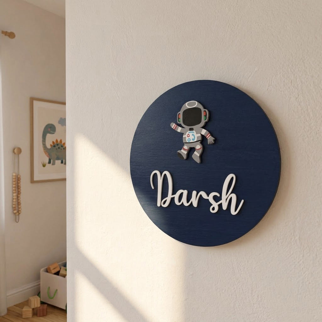 Astronaut Themed Hand-Painted Wooden Name Plate For Kids