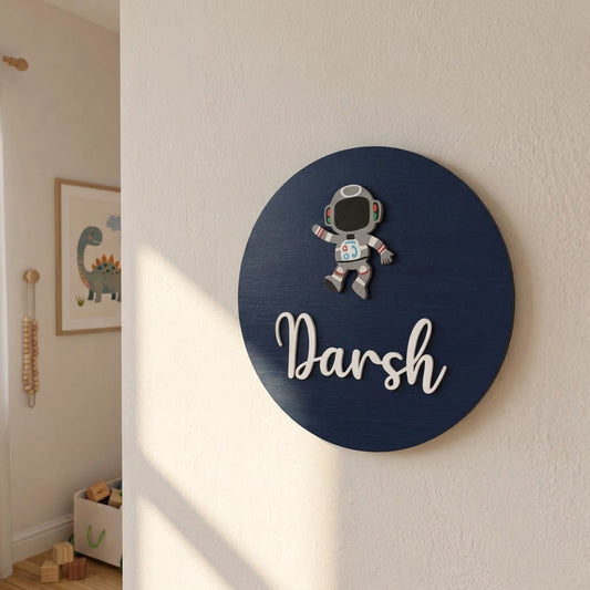 Astronaut Themed Hand-Painted Wooden Name Plate For Kids