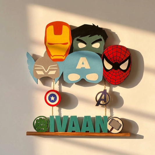 Avengers Themed Hand-Painted Wooden Kids Name Plate - Design 1