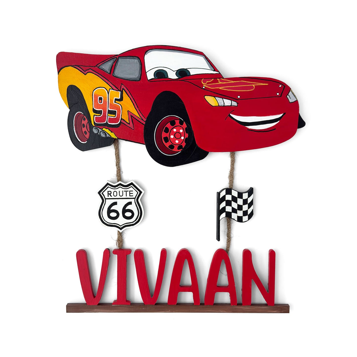 Lightning McQueen Car Themed Hand-Painted Wooden Kids Name Plate - Design 1