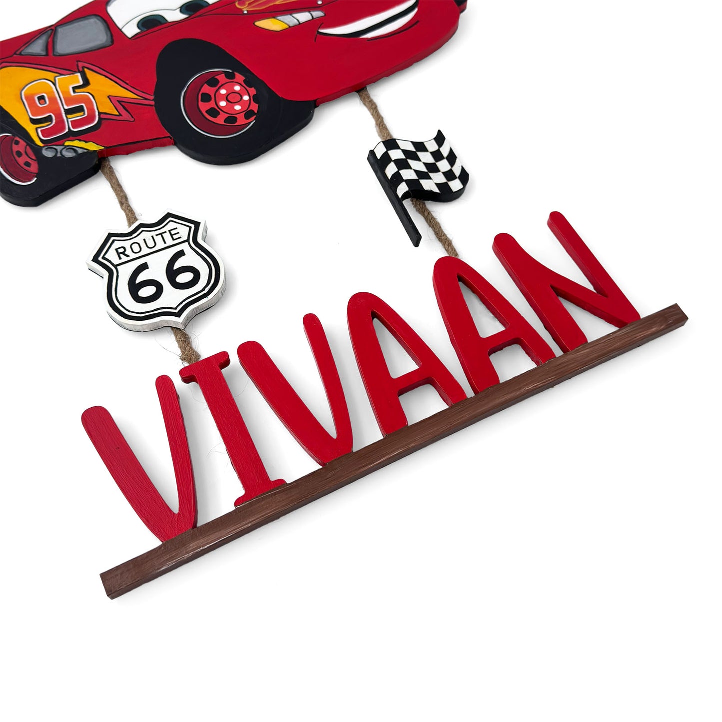 Lightning McQueen Car Themed Hand-Painted Wooden Kids Name Plate - Design 1