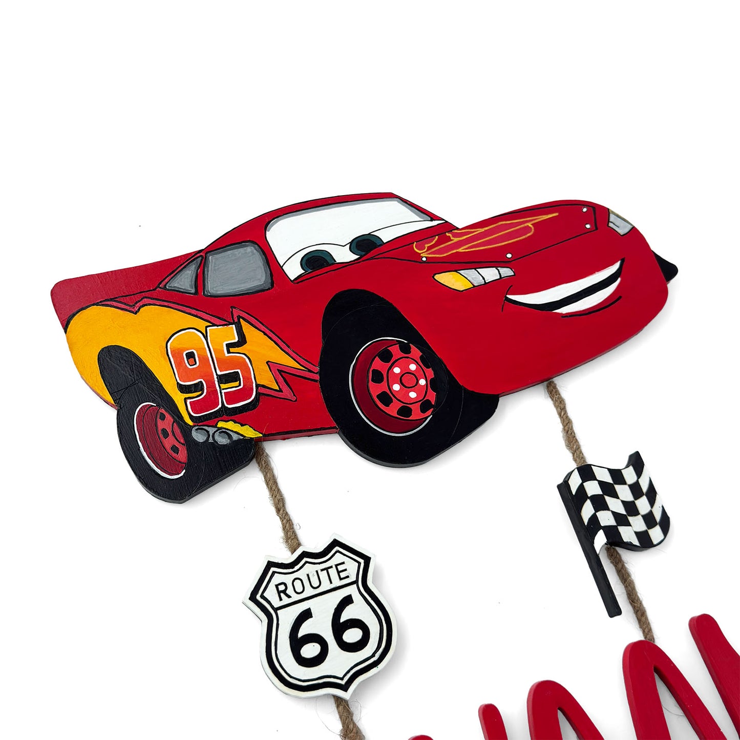 Lightning McQueen Car Themed Hand-Painted Wooden Kids Name Plate - Design 1