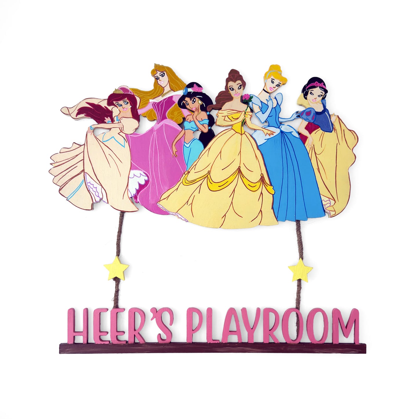 Disney Princess Themed Hand-Painted Wooden Kids Name Plate - Design 1