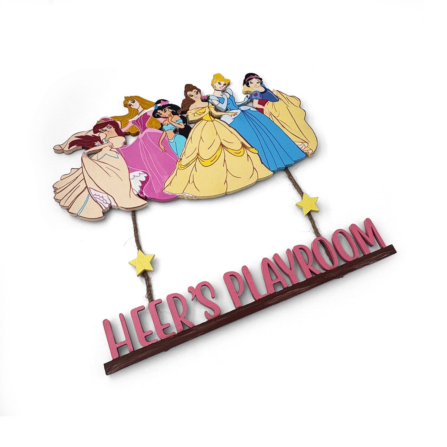 Disney Princess Themed Hand-Painted Wooden Kids Name Plate - Design 1
