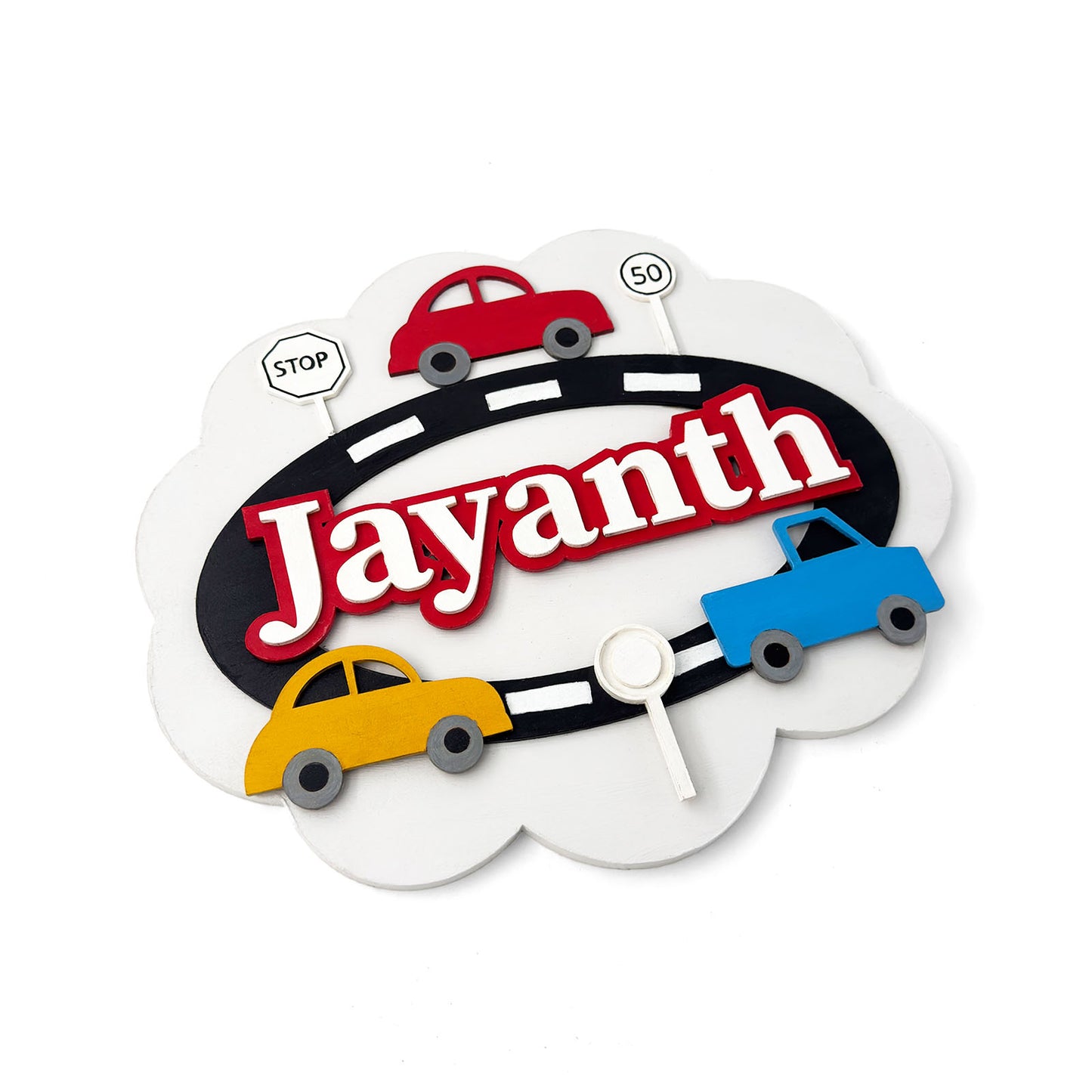 Car Themed Hand-Painted Wooden Scalloped Cloud Kids Name Plate - Design 1