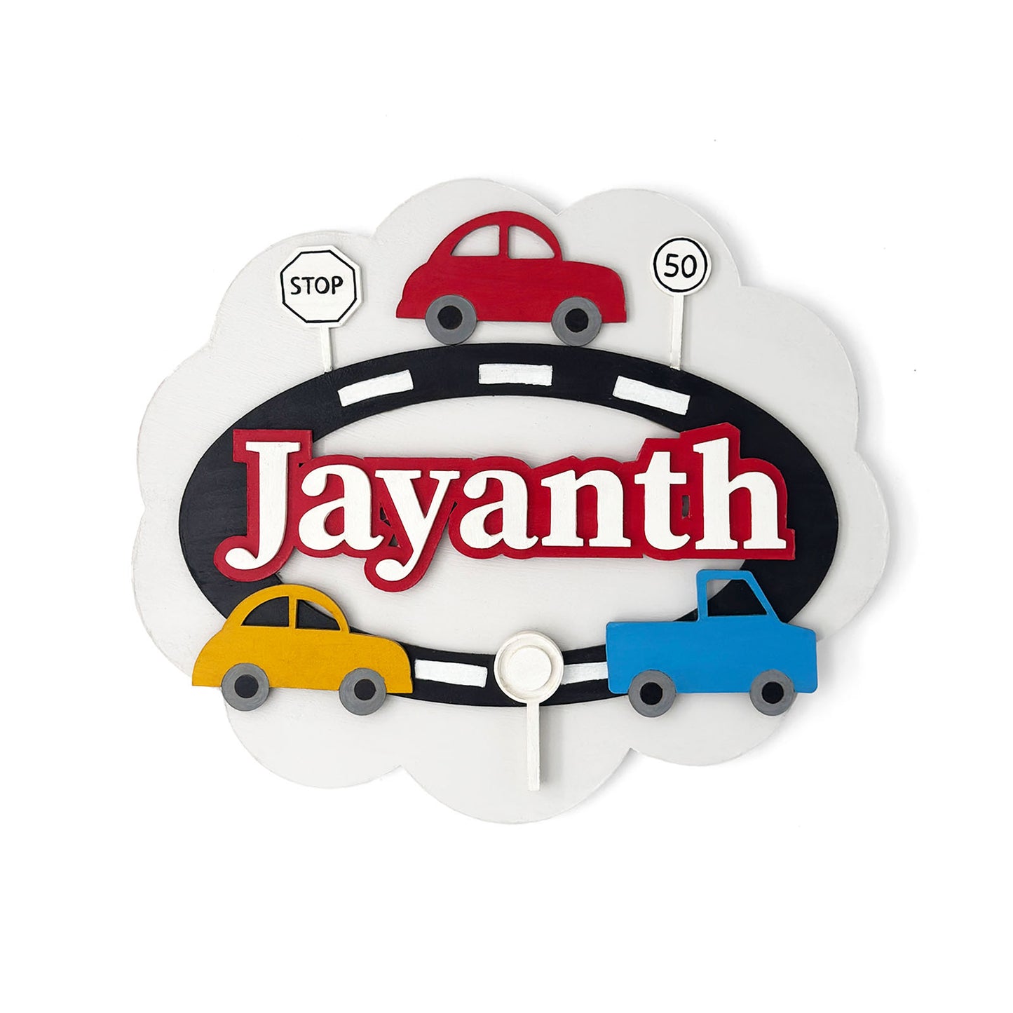 Car Themed Hand-Painted Wooden Scalloped Cloud Kids Name Plate - Design 1