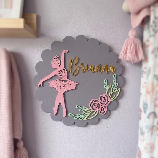 Dance Themed Hand-Painted Wooden Scalloped Cloud Kids Name Plate - Design 1