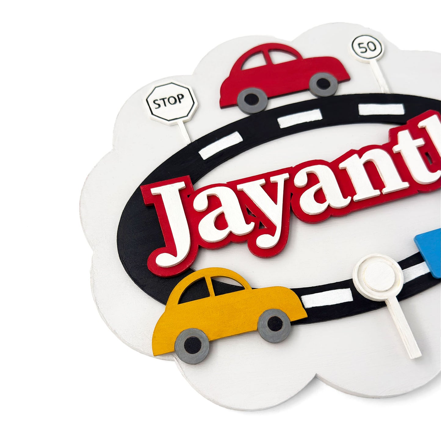 Car Themed Hand-Painted Wooden Scalloped Cloud Kids Name Plate - Design 1