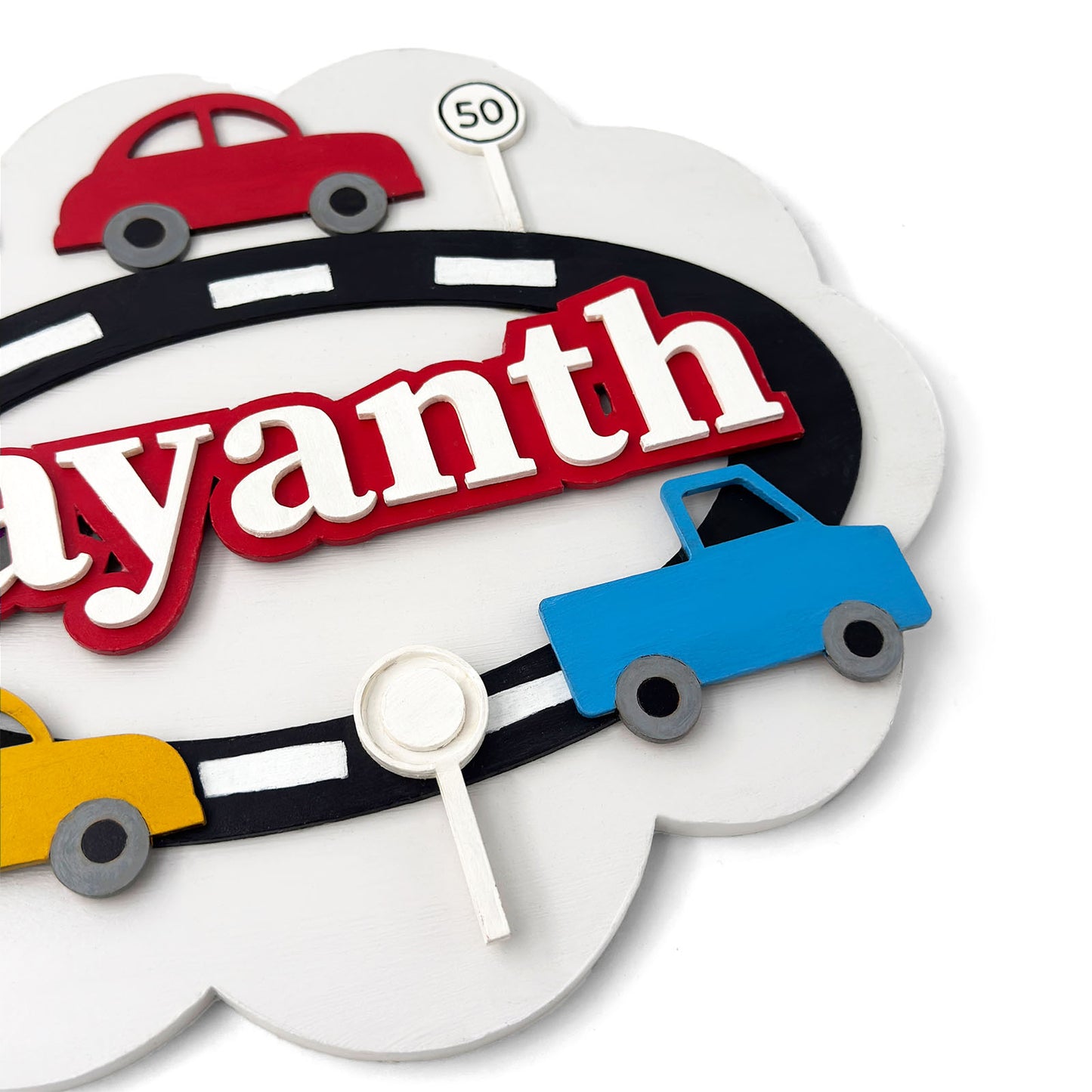 Car Themed Hand-Painted Wooden Scalloped Cloud Kids Name Plate - Design 1