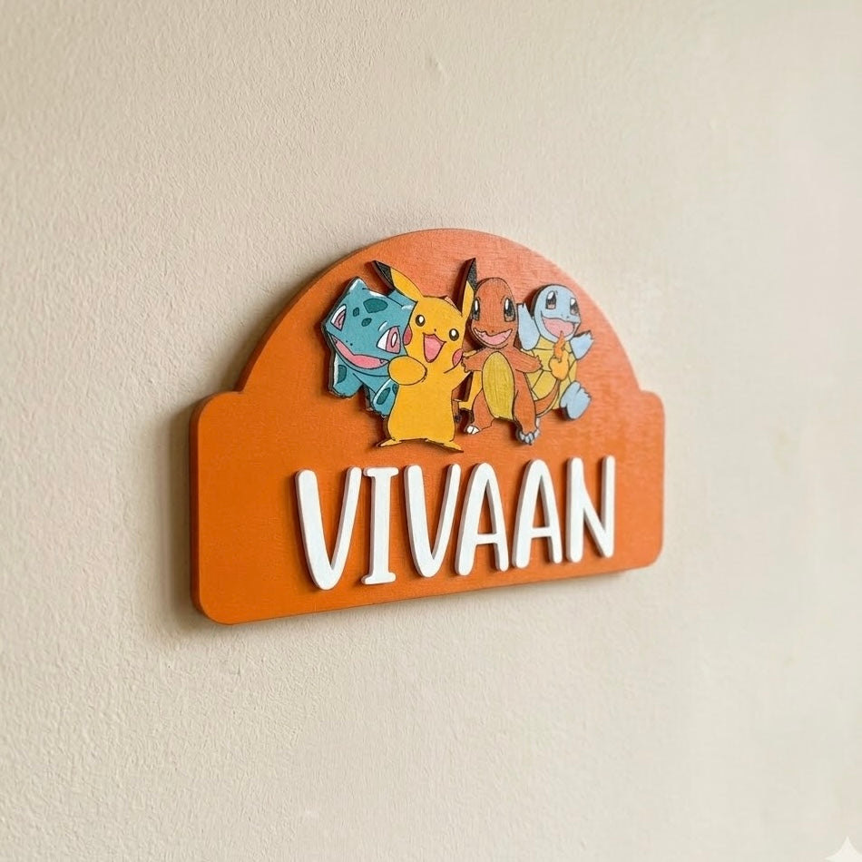 Pokemon Themed Hand-Painted Wooden Arch-shaped Kids Name Plate