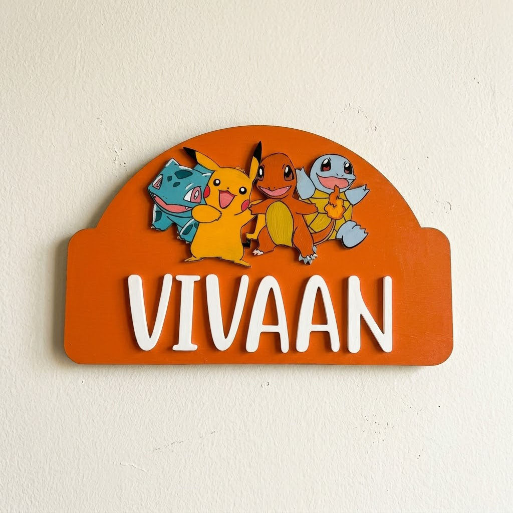 Pokemon Themed Hand-Painted Wooden Arch-shaped Kids Name Plate