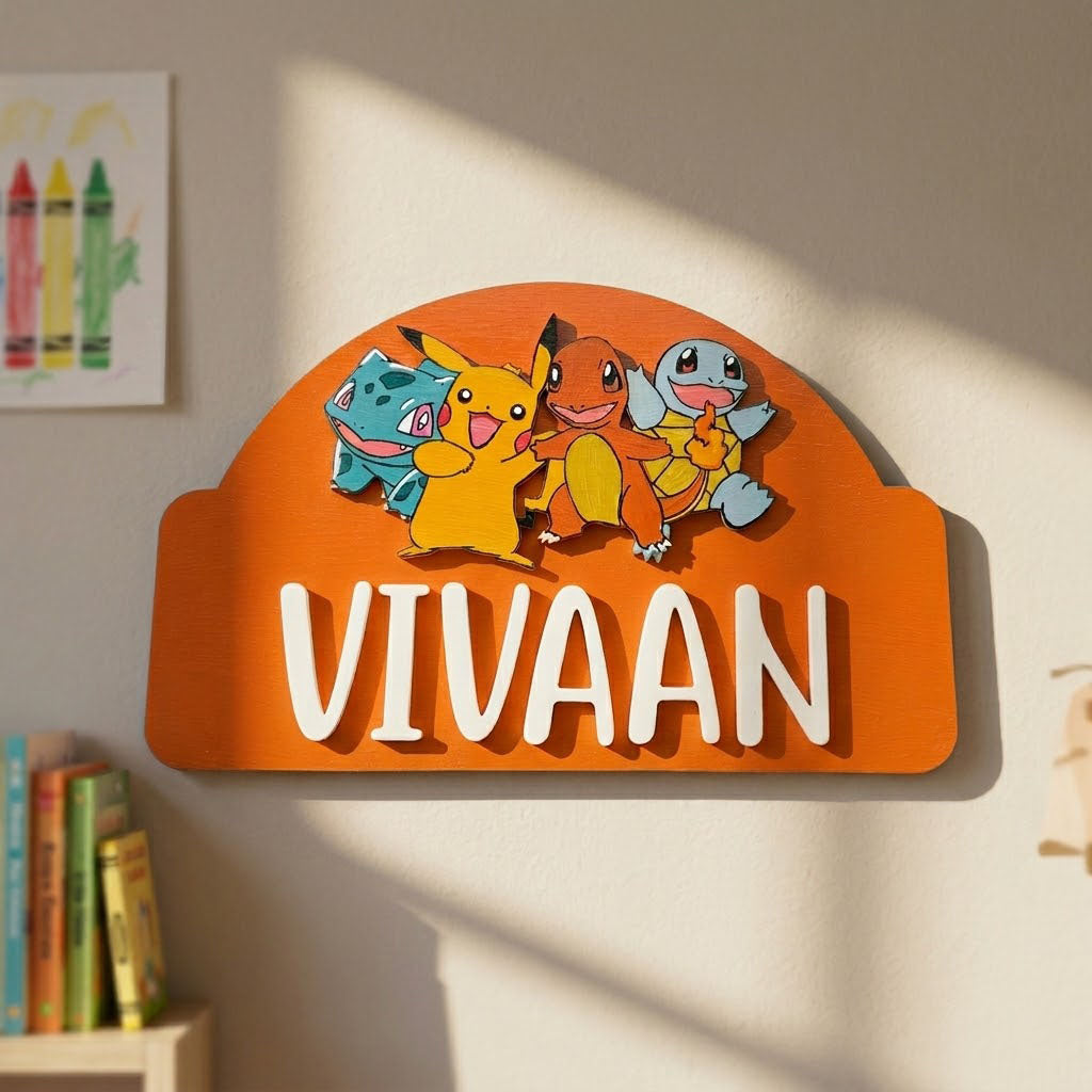 Pokemon Themed Hand-Painted Wooden Arch-shaped Kids Name Plate