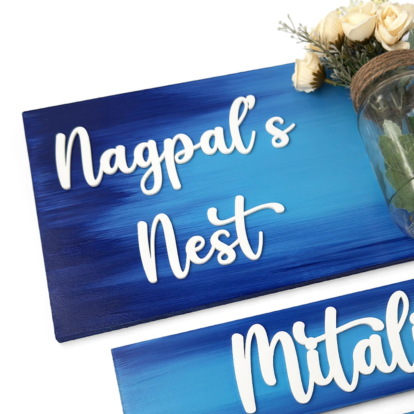 Hand-Painted Wooden Name Plate With Jar For Home - Jar Board & Two Planks