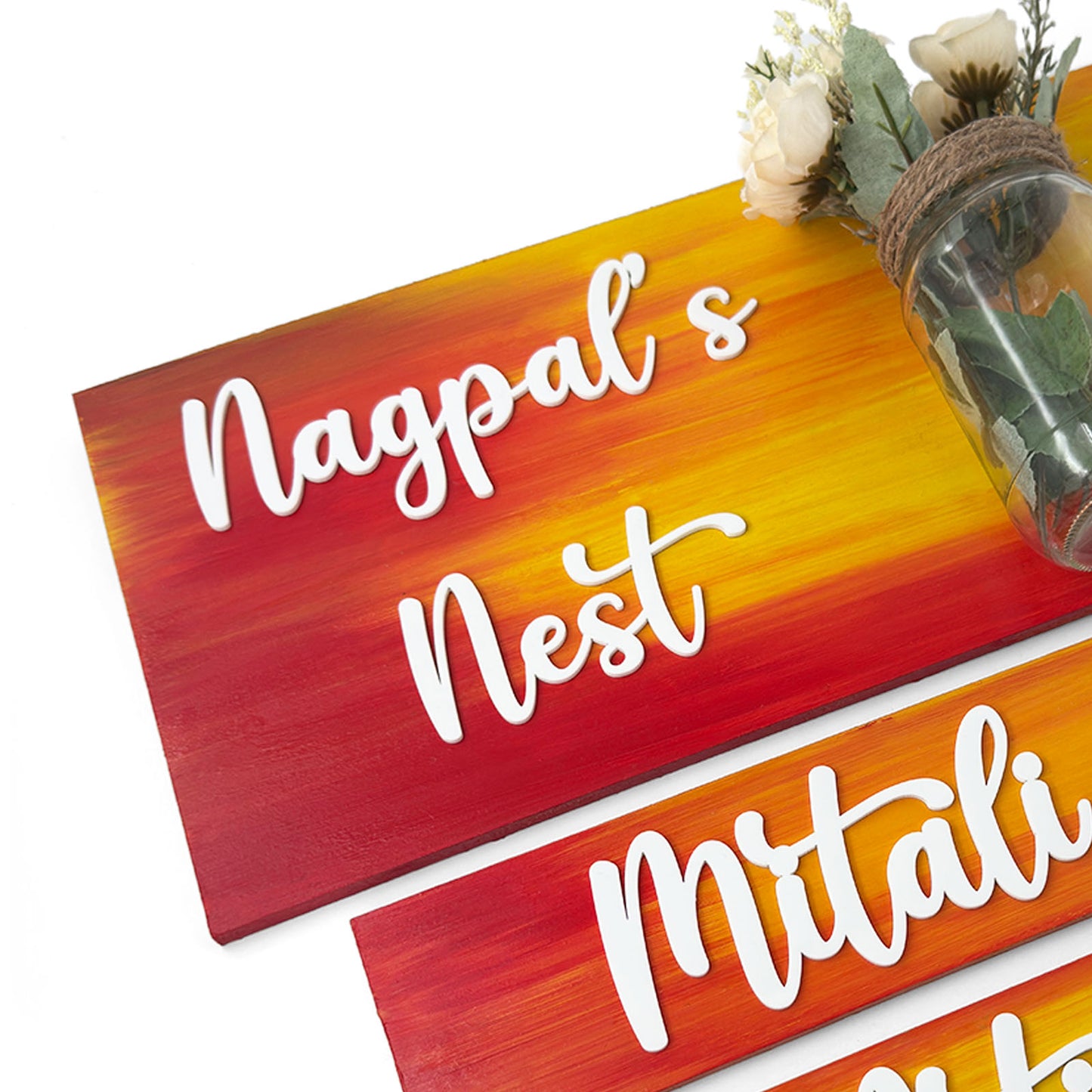 Hand-Painted Wooden Name Plate With Jar For Home - Jar Board & Two Planks