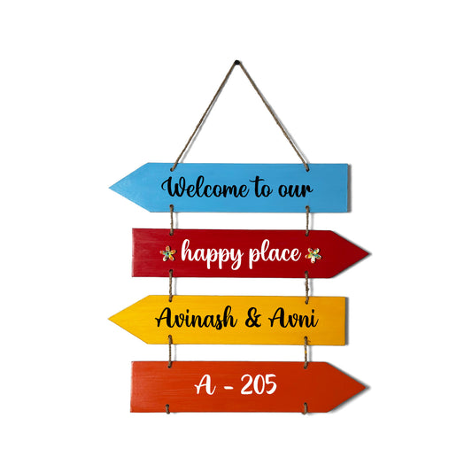 Welcome To Our Happy Place Hand-Painted Wooden Arrow Plank Name Plate For Home - Four Planks