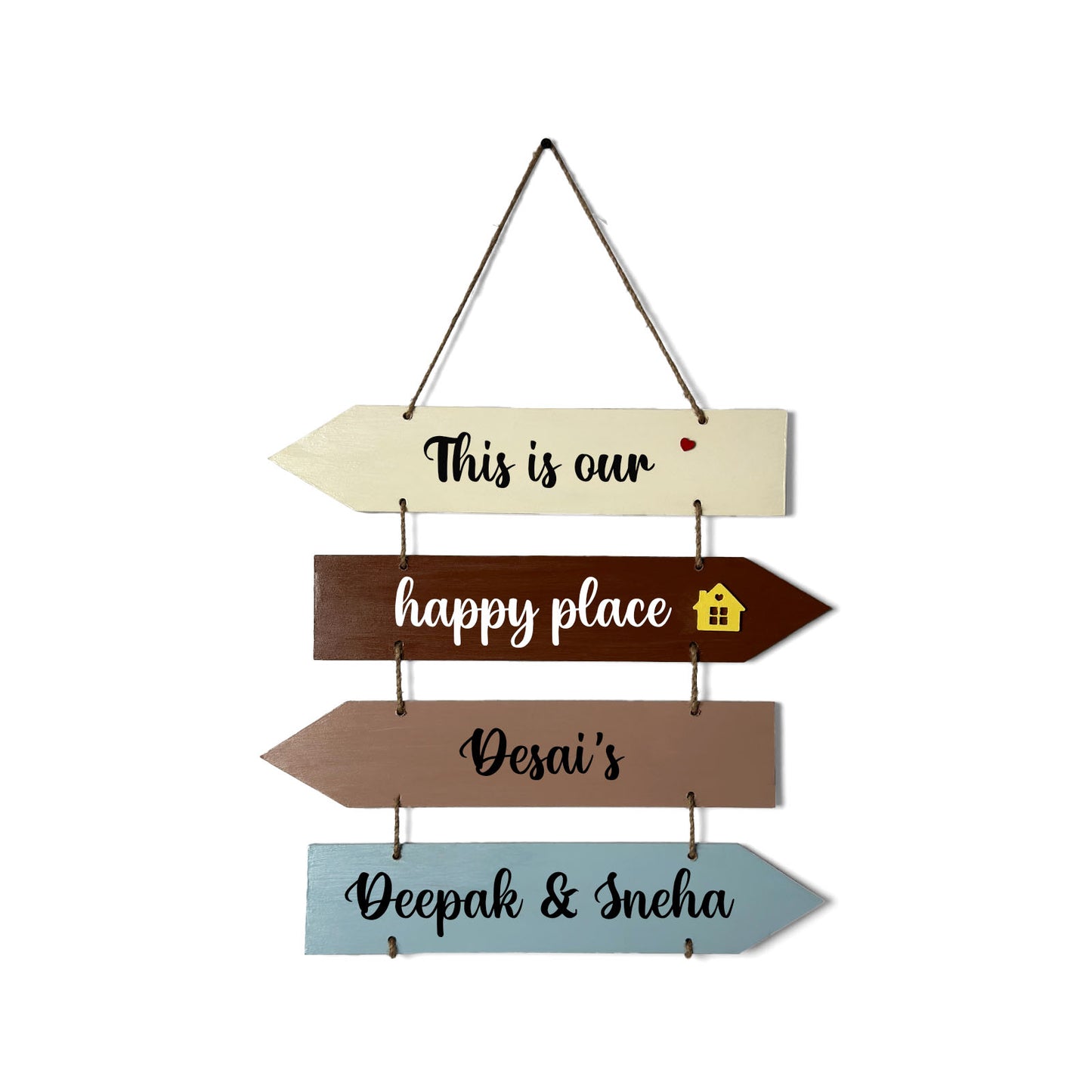 This Is Our Happy Place Hand-Painted Wooden Arrow Plank Name Plate For Home - Four Planks