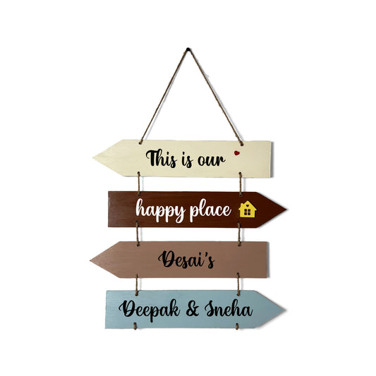 This Is Our Happy Place Hand-Painted Wooden Arrow Plank Name Plate For Home - Four Planks